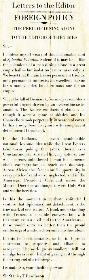 Letter to Times on Splendid Isolation, 1897